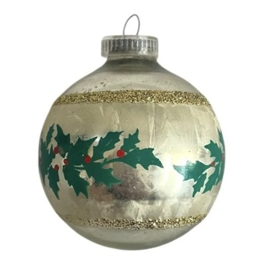 Vintage Austrian Silver Glass Ball Christmas Ornament Holly Band Decor Good
